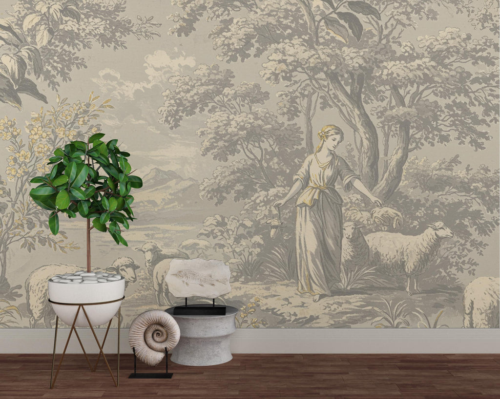Toile de Jouy Wallpaper in Soft Grey White with Gold Outlining | Vintage Pastoral Peel and Stick Mural | Luxury French Bathroom Decor 780RS