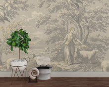 Load image into Gallery viewer, Toile de Jouy Wallpaper in Soft Grey White with Gold Outlining | Vintage Pastoral Peel and Stick Mural | Luxury French Bathroom Decor 780RS