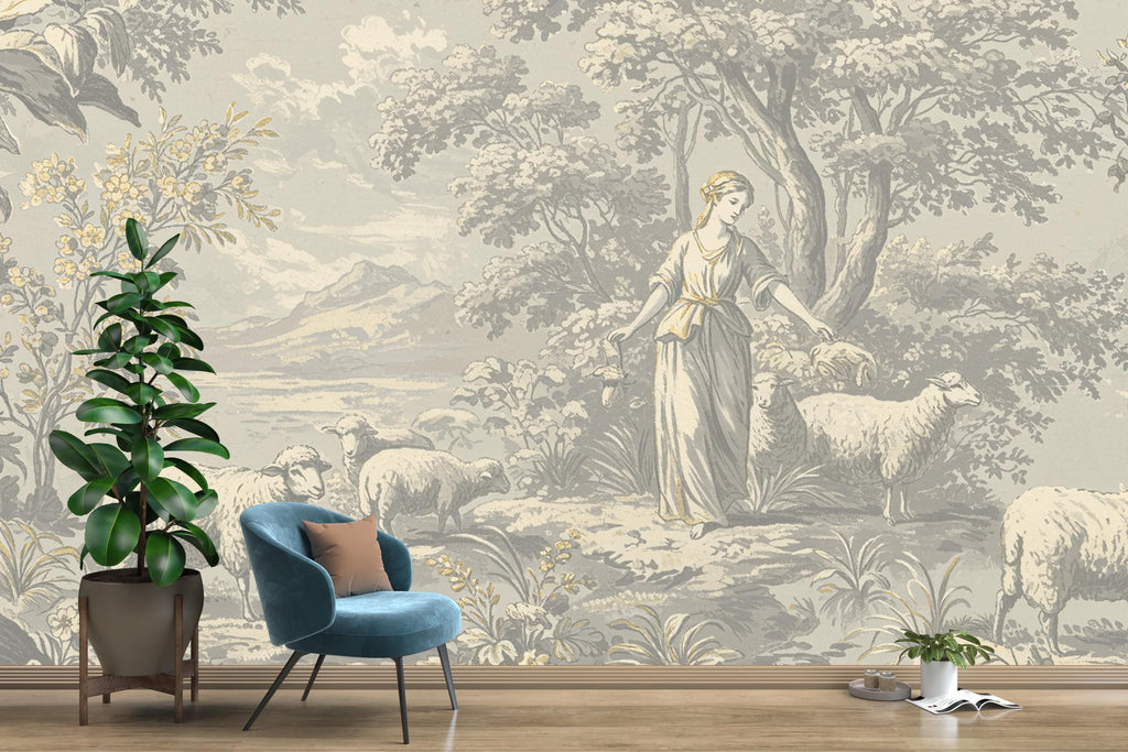 Toile de Jouy Wallpaper in Soft Grey White with Gold Outlining | Vintage Pastoral Peel and Stick Mural | Luxury French Bathroom Decor 780RS