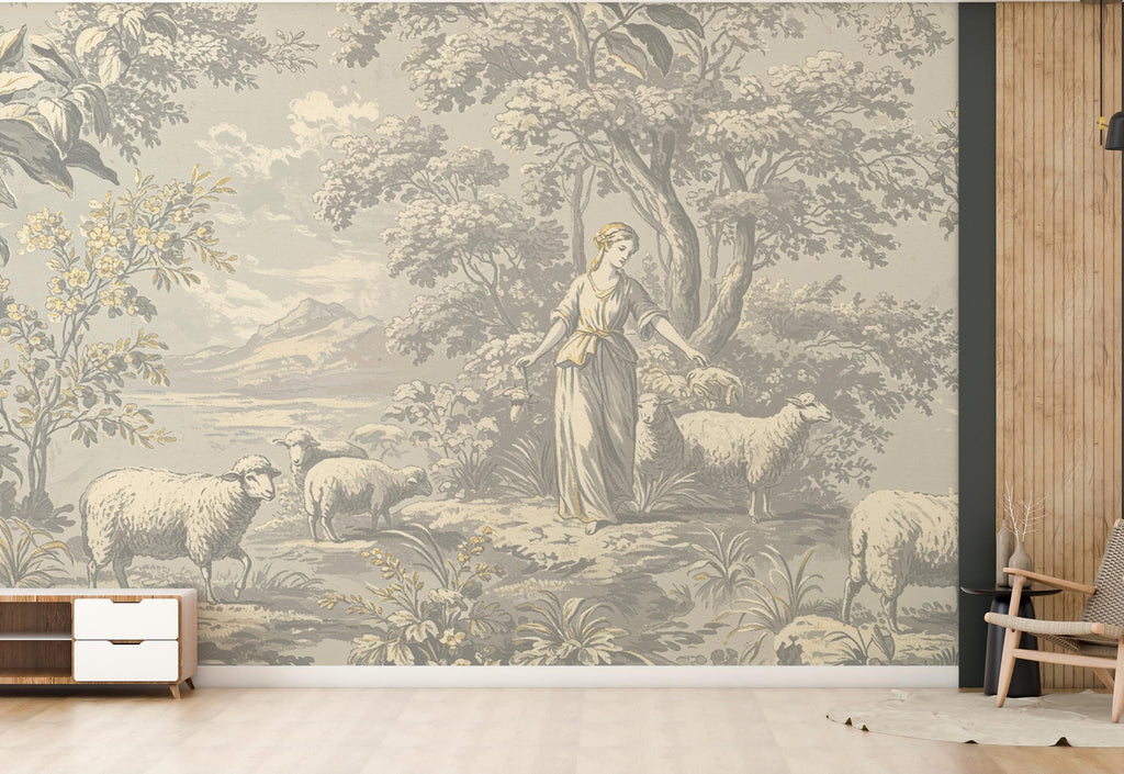 Toile de Jouy Wallpaper in Soft Grey White with Gold Outlining | Vintage Pastoral Peel and Stick Mural | Luxury French Bathroom Decor 780RS