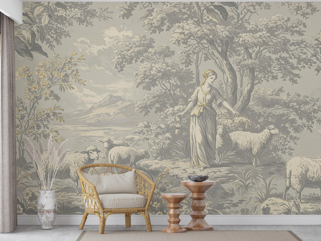 Toile de Jouy Wallpaper in Soft Grey White with Gold Outlining | Vintage Pastoral Peel and Stick Mural | Luxury French Bathroom Decor 780RS