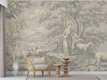 Load image into Gallery viewer, Toile de Jouy Wallpaper in Soft Grey White with Gold Outlining | Vintage Pastoral Peel and Stick Mural | Luxury French Bathroom Decor 780RS