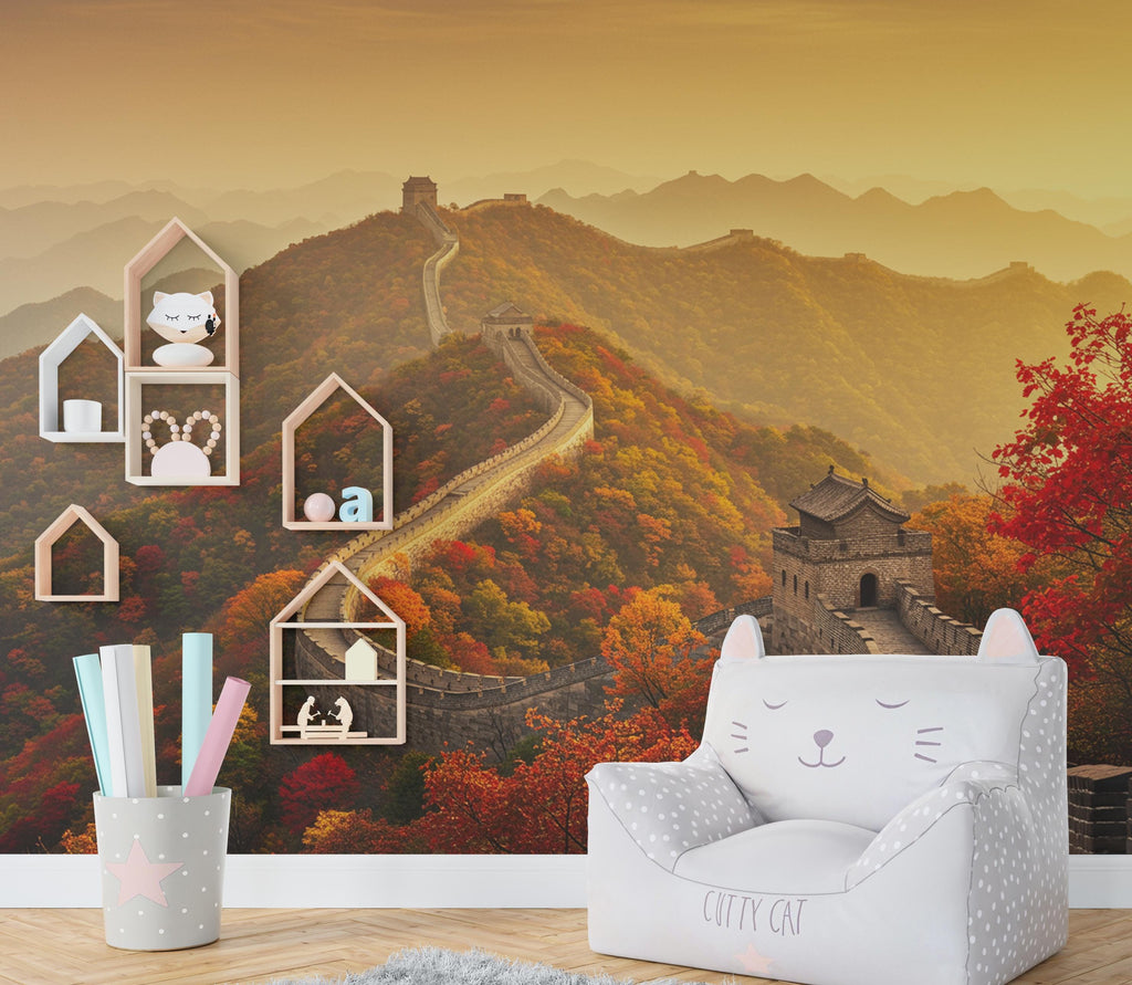 Great Wall of China Autumn Wallpaper | Crimson & Gold Forest Mural | Misty Mountains Silk Texture with Gold Foil | Shan Shui Wall Art 801RS