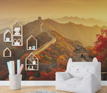 Load image into Gallery viewer, Great Wall of China Autumn Wallpaper | Crimson &amp; Gold Forest Mural | Misty Mountains Silk Texture with Gold Foil | Shan Shui Wall Art 801RS