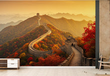 Load image into Gallery viewer, Great Wall of China Autumn Wallpaper | Crimson &amp; Gold Forest Mural | Misty Mountains Silk Texture with Gold Foil | Shan Shui Wall Art 801RS