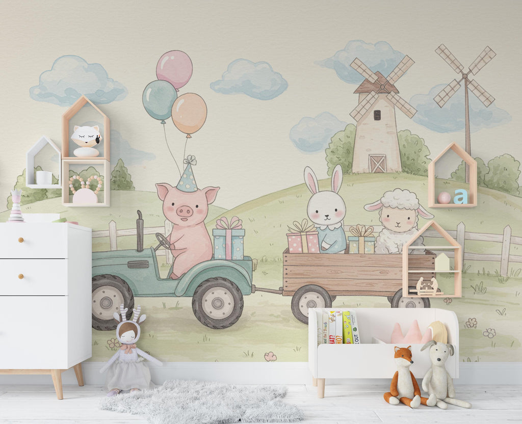 Whimsical Farm Parade Kids Wallpaper | Baby Animals in Wooden Wagon | Pastel Watercolor Nursery Mural | Playroom Wall Art Mural 802RS