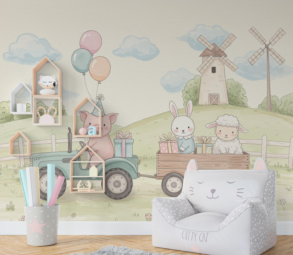 Whimsical Farm Parade Kids Wallpaper | Baby Animals in Wooden Wagon | Pastel Watercolor Nursery Mural | Playroom Wall Art Mural 802RS