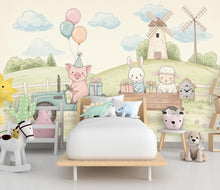 Load image into Gallery viewer, Whimsical Farm Parade Kids Wallpaper | Baby Animals in Wooden Wagon | Pastel Watercolor Nursery Mural | Playroom Wall Art Mural 802RS