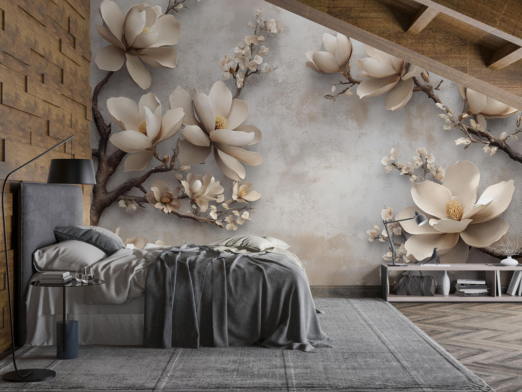 3D Magnolia Flower Wallpaper Mural – Elegant Beige Floral Wall Art With Blossoms On Textured Background – Modern Wall Decor