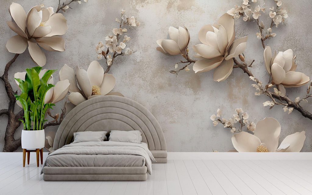 3D Magnolia Flower Wallpaper Mural – Elegant Beige Floral Wall Art With Blossoms On Textured Background – Modern Wall Decor