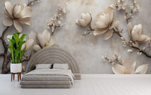 Load image into Gallery viewer, 3D Magnolia Flower Wallpaper Mural – Elegant Beige Floral Wall Art With Blossoms On Textured Background – Modern Wall Decor