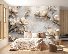 Load image into Gallery viewer, 3D Magnolia Flower Wallpaper Mural – Elegant Beige Floral Wall Art With Blossoms On Textured Background – Modern Wall Decor