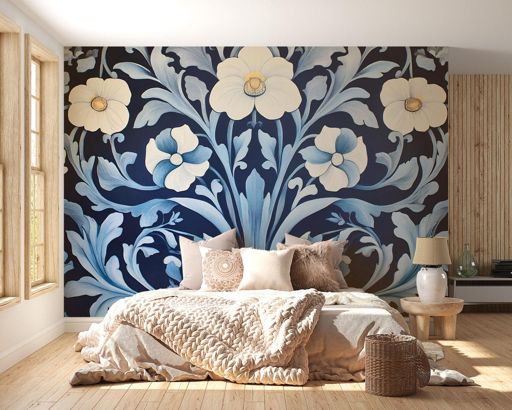 Elegant Navy Blue Floral Wallpaper | Large Cream Flowers 3D Wall Mural | Modern Vintage Botanical Wall Decor | Bedroom Accent | Wallpaper