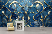 Load image into Gallery viewer, Elegant Blue And Gold 3D Wallpaper – Luxury Textured Floral Wall Mural For Living Room Or Office – Modern Peel And Stick Removable Wallpaper