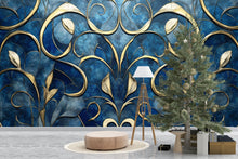 Load image into Gallery viewer, Elegant Blue And Gold 3D Wallpaper – Luxury Textured Floral Wall Mural For Living Room Or Office – Modern Peel And Stick Removable Wallpaper
