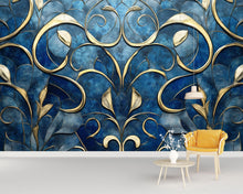 Load image into Gallery viewer, Elegant Blue And Gold 3D Wallpaper – Luxury Textured Floral Wall Mural For Living Room Or Office – Modern Peel And Stick Removable Wallpaper