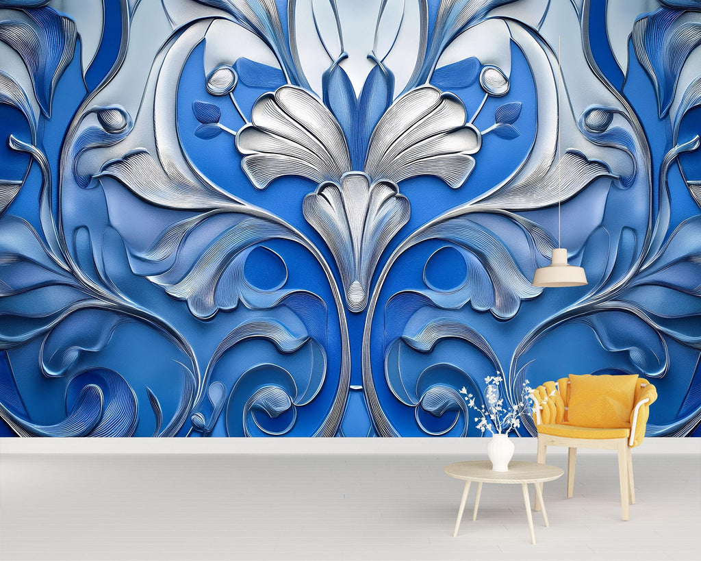 Luxury Blue Silver 3D Floral Wallpaper | Elegant Textured Flower Wall Mural | Modern Bedroom Living Room Decor | Peel and Stick Art Wall