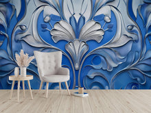 Load image into Gallery viewer, Luxury Blue Silver 3D Floral Wallpaper | Elegant Textured Flower Wall Mural | Modern Bedroom Living Room Decor | Peel and Stick Art Wall