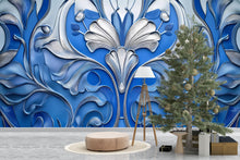 Load image into Gallery viewer, Luxury Blue Silver 3D Floral Wallpaper | Elegant Textured Flower Wall Mural | Modern Bedroom Living Room Decor | Peel and Stick Art Wall