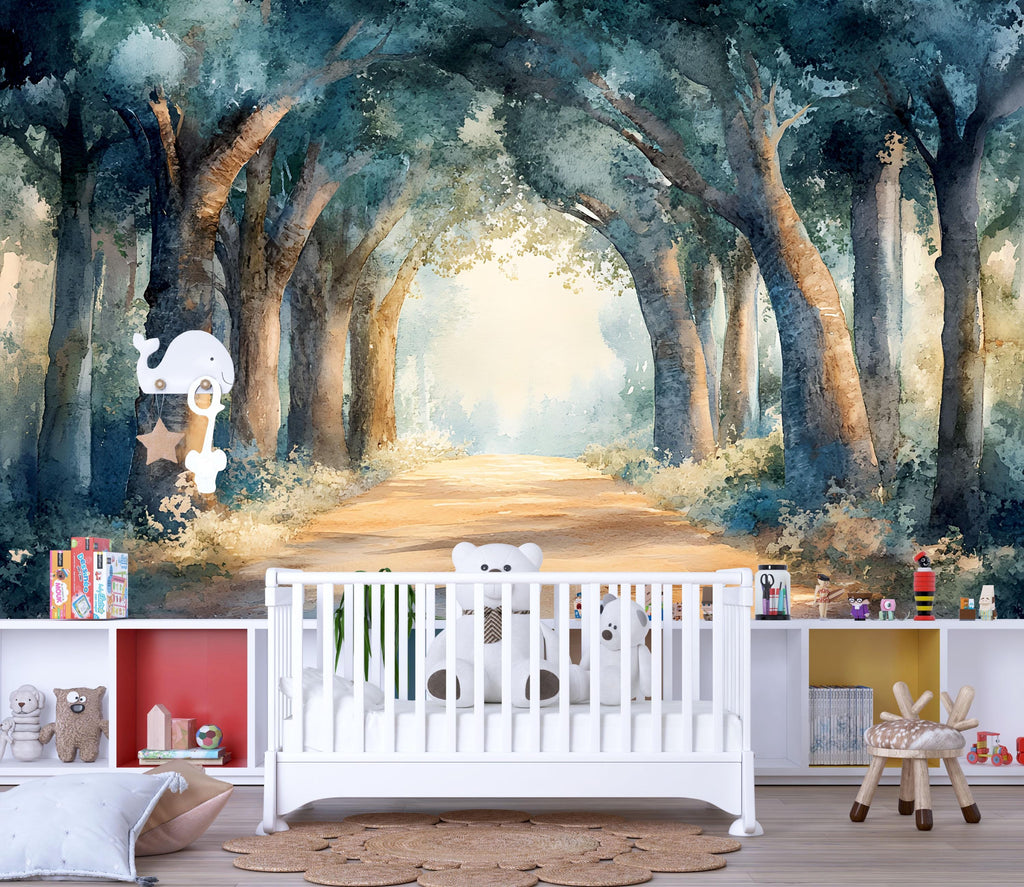 Watercolor Forest Wallpaper Mural | Whimsical Woodland Tree Path Wall Decor | Kids Room Nature Scene Art | Peel and Stick Wallpaper