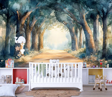 Load image into Gallery viewer, Watercolor Forest Wallpaper Mural | Whimsical Woodland Tree Path Wall Decor | Kids Room Nature Scene Art | Peel and Stick Wallpaper