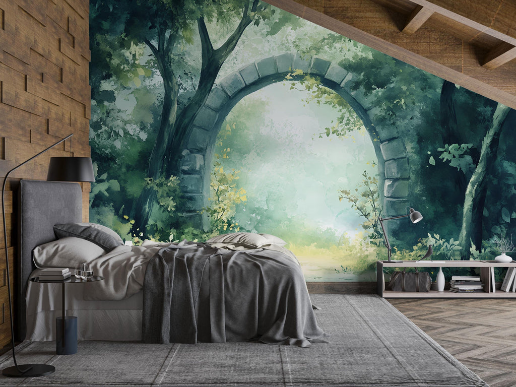 Watercolor Forest Arch Wallpaper Mural – Enchanted Garden Gateway Wall Art – 3D Look Peel & Stick Nature Decor for Nursery, Living Room