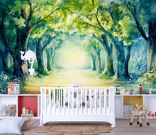 Load image into Gallery viewer, Watercolor Forest Nursery Wallpaper – Serene Woodland Path Wall Mural – Peel and Stick or Paste Wall Art – Green Nature Mural for Baby