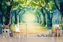 Load image into Gallery viewer, Watercolor Forest Nursery Wallpaper – Serene Woodland Path Wall Mural – Peel and Stick or Paste Wall Art – Green Nature Mural for Baby