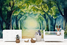 Load image into Gallery viewer, Watercolor Forest Nursery Wallpaper – Serene Woodland Path Wall Mural – Peel and Stick or Paste Wall Art – Green Nature Mural for Baby