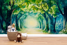 Load image into Gallery viewer, Watercolor Forest Nursery Wallpaper – Serene Woodland Path Wall Mural – Peel and Stick or Paste Wall Art – Green Nature Mural for Baby