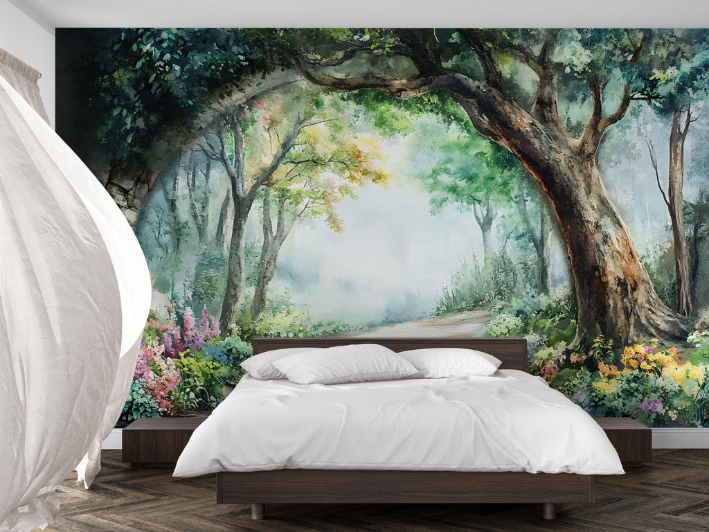 Watercolor Garden Path Wallpaper – Romantic Archway Wall Mural with Trees and Flowers – Peel and Stick or Paste Wallpaper for Bedroom