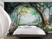 Load image into Gallery viewer, Watercolor Garden Path Wallpaper – Romantic Archway Wall Mural with Trees and Flowers – Peel and Stick or Paste Wallpaper for Bedroom
