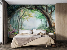 Load image into Gallery viewer, Watercolor Garden Path Wallpaper – Romantic Archway Wall Mural with Trees and Flowers – Peel and Stick or Paste Wallpaper for Bedroom