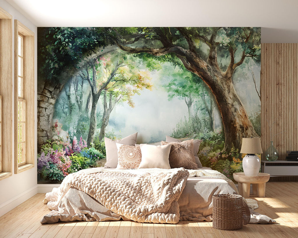 Watercolor Garden Path Wallpaper – Romantic Archway Wall Mural with Trees and Flowers – Peel and Stick or Paste Wallpaper for Bedroom