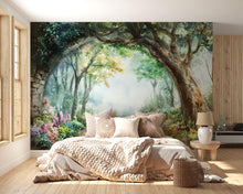 Load image into Gallery viewer, Watercolor Garden Path Wallpaper – Romantic Archway Wall Mural with Trees and Flowers – Peel and Stick or Paste Wallpaper for Bedroom