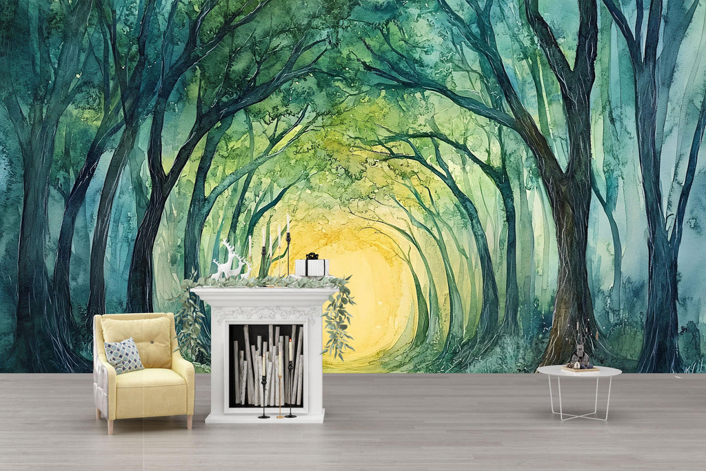 Mystical Forest Tunnel Wallpaper – Enchanted Tree Arch Wall Mural with Sunlight Glow – Peel and Stick or Paste Wallpaper for Bedroom, Yoga