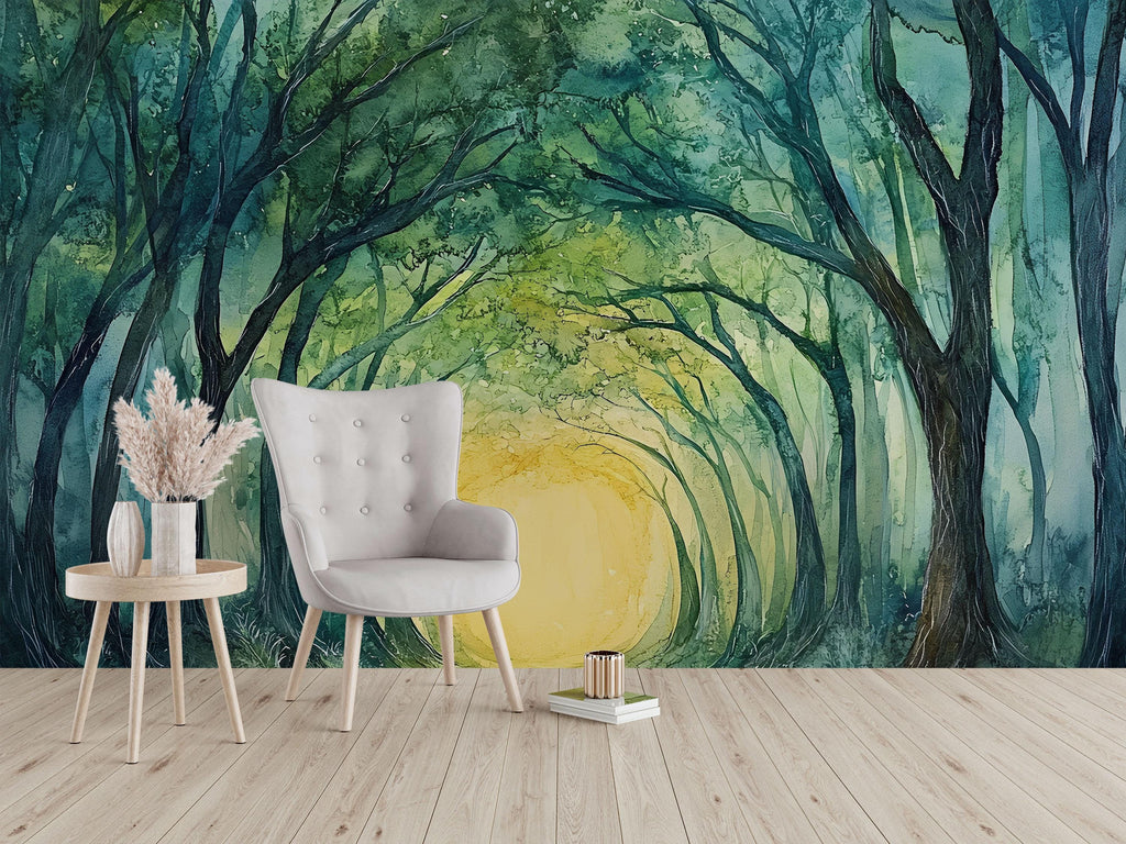 Mystical Forest Tunnel Wallpaper – Enchanted Tree Arch Wall Mural with Sunlight Glow – Peel and Stick or Paste Wallpaper for Bedroom, Yoga