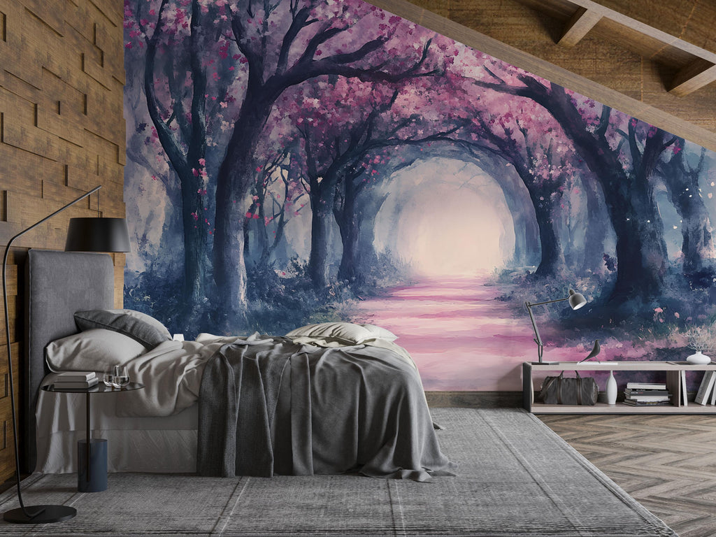 Enchanted Pink Blossom Forest Wallpaper – Watercolor Cherry Tree Tunnel Wall Mural – Romantic Peel and Stick or Paste Wallpaper for Bedroom