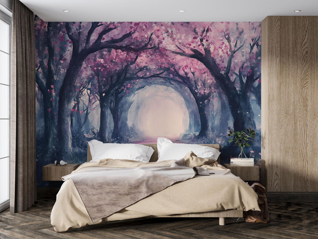 Enchanted Pink Blossom Forest Wallpaper – Watercolor Cherry Tree Tunnel Wall Mural – Romantic Peel and Stick or Paste Wallpaper for Bedroom