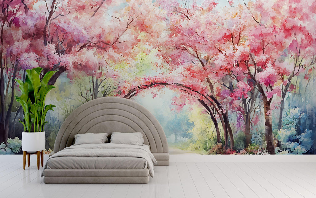 Spring Cherry Blossom Tunnel Wallpaper – Vibrant Watercolor Wall Mural with Pink Trees – Peel and Stick or Paste Wallpaper for Bedroom