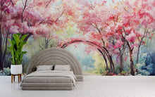 Load image into Gallery viewer, Spring Cherry Blossom Tunnel Wallpaper – Vibrant Watercolor Wall Mural with Pink Trees – Peel and Stick or Paste Wallpaper for Bedroom