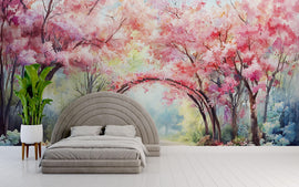 Spring Cherry Blossom Tunnel Wallpaper – Vibrant Watercolor Wall Mural with Pink Trees – Peel and Stick or Paste Wallpaper for Bedroom