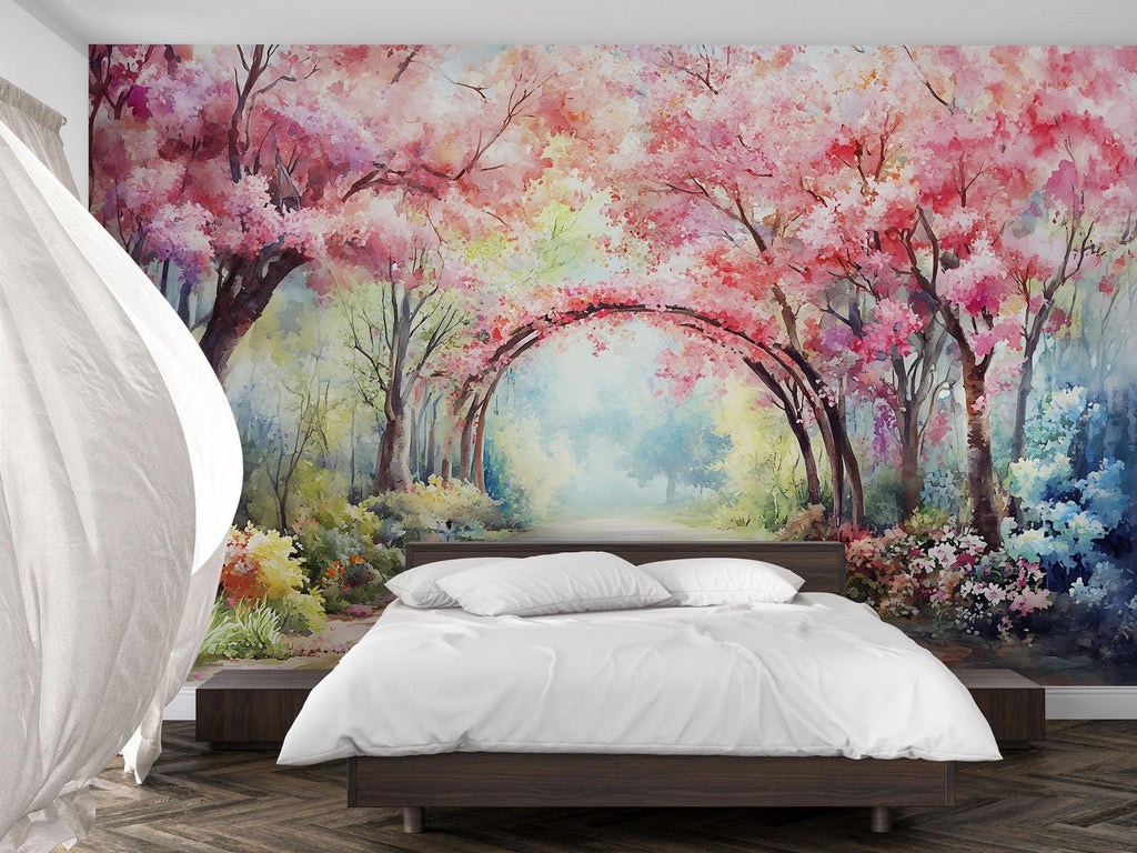 Spring Cherry Blossom Tunnel Wallpaper – Vibrant Watercolor Wall Mural with Pink Trees – Peel and Stick or Paste Wallpaper for Bedroom