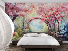 Load image into Gallery viewer, Spring Cherry Blossom Tunnel Wallpaper – Vibrant Watercolor Wall Mural with Pink Trees – Peel and Stick or Paste Wallpaper for Bedroom
