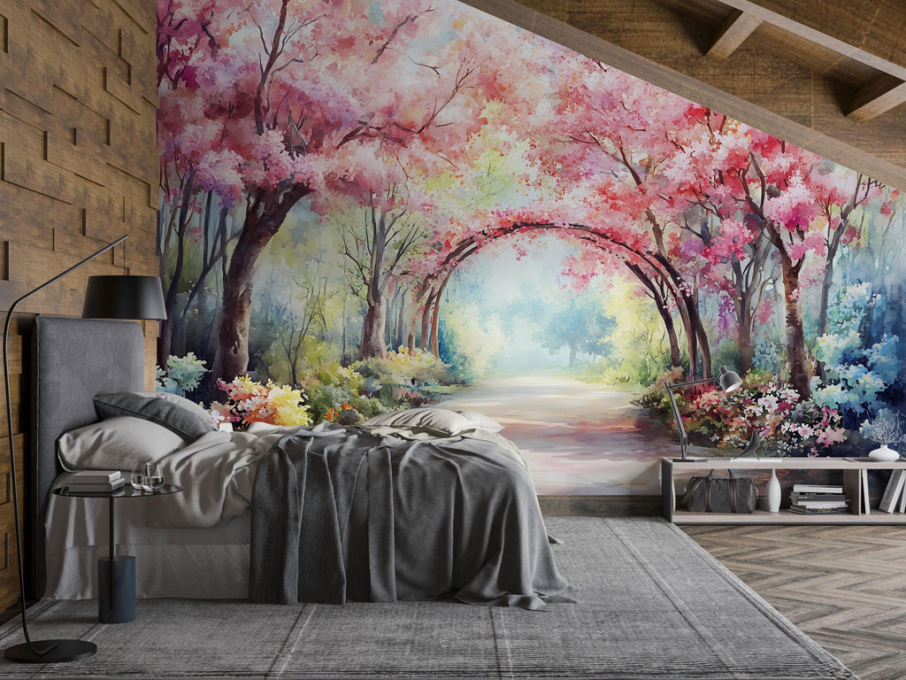Spring Cherry Blossom Tunnel Wallpaper – Vibrant Watercolor Wall Mural with Pink Trees – Peel and Stick or Paste Wallpaper for Bedroom