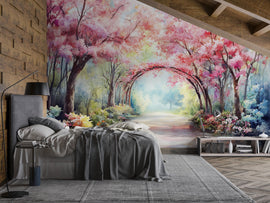 Spring Cherry Blossom Tunnel Wallpaper – Vibrant Watercolor Wall Mural with Pink Trees – Peel and Stick or Paste Wallpaper for Bedroom
