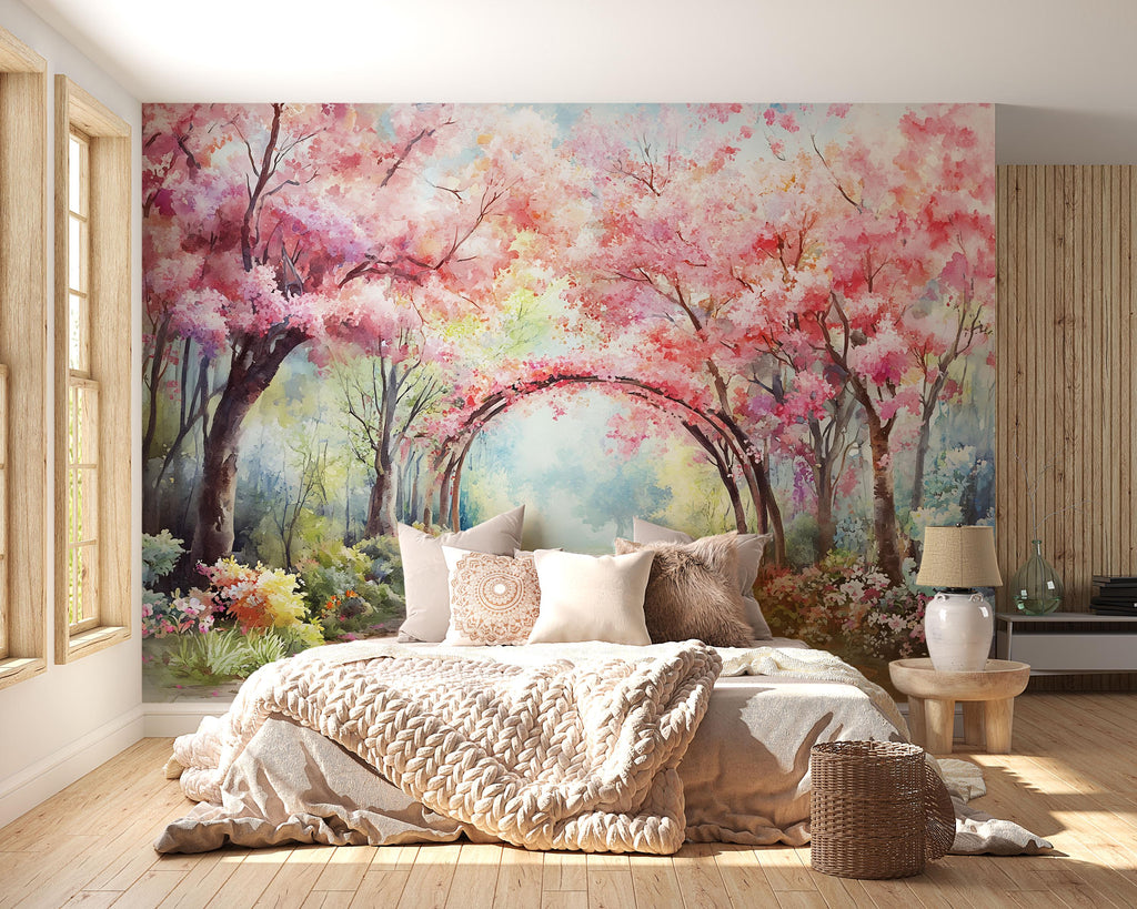 Spring Cherry Blossom Tunnel Wallpaper – Vibrant Watercolor Wall Mural with Pink Trees – Peel and Stick or Paste Wallpaper for Bedroom