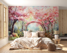 Load image into Gallery viewer, Spring Cherry Blossom Tunnel Wallpaper – Vibrant Watercolor Wall Mural with Pink Trees – Peel and Stick or Paste Wallpaper for Bedroom