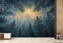 Load image into Gallery viewer, Watercolor Forest Wall Mural – Night Sky Wallpaper with Moon, Stars &amp; Trees – Dreamy Indigo Woodland Wall Art for Bedroom or Nursery 807RS