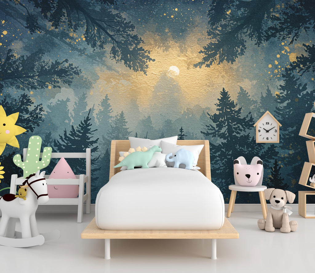 Watercolor Forest Wall Mural – Night Sky Wallpaper with Moon, Stars & Trees – Dreamy Indigo Woodland Wall Art for Bedroom or Nursery 807RS